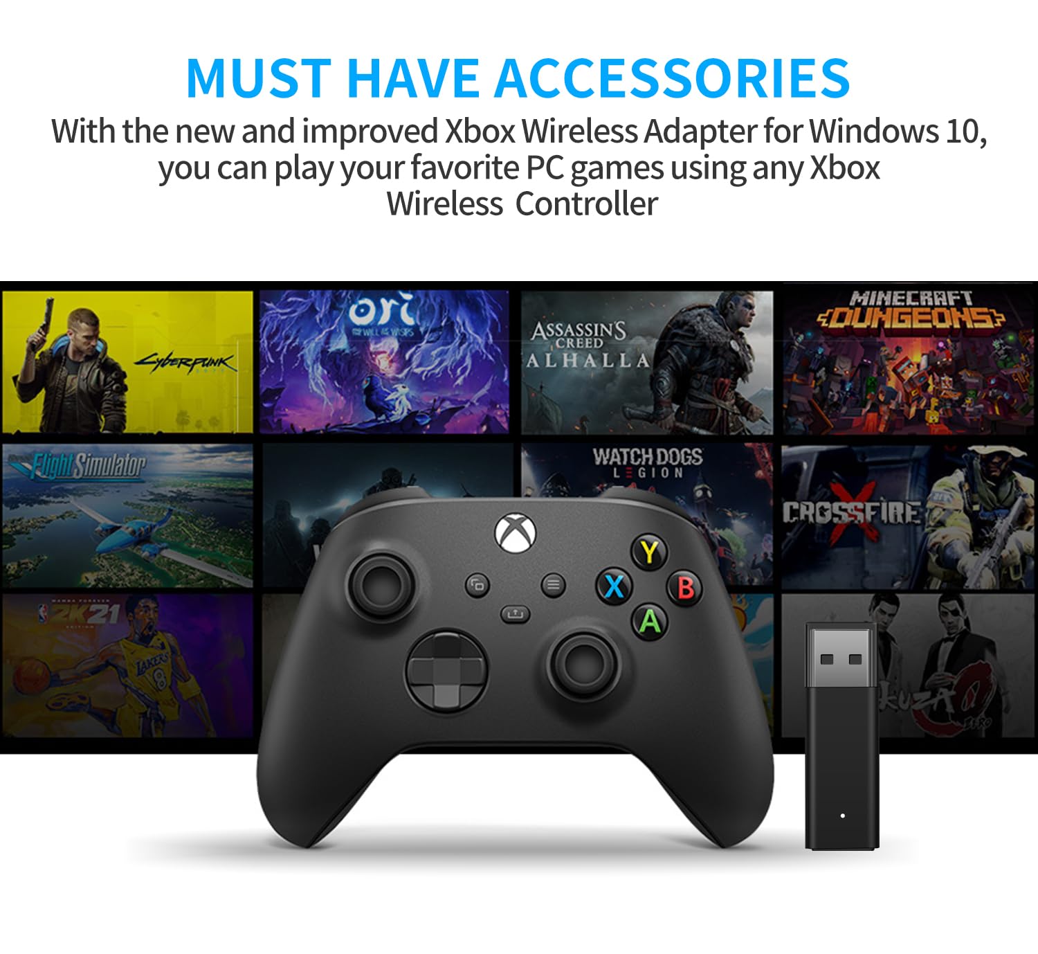 Wireless Adapter with Original IC Chip Compatible with Xbox One Controller for PC Windows 10 11