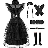 Moiegouct Black Princess Costume Dress Up Costume for Toddler Girls Halloween Cosplay Party Outfit for Kids Girls with Wig Belts Socks Golves 4-5T