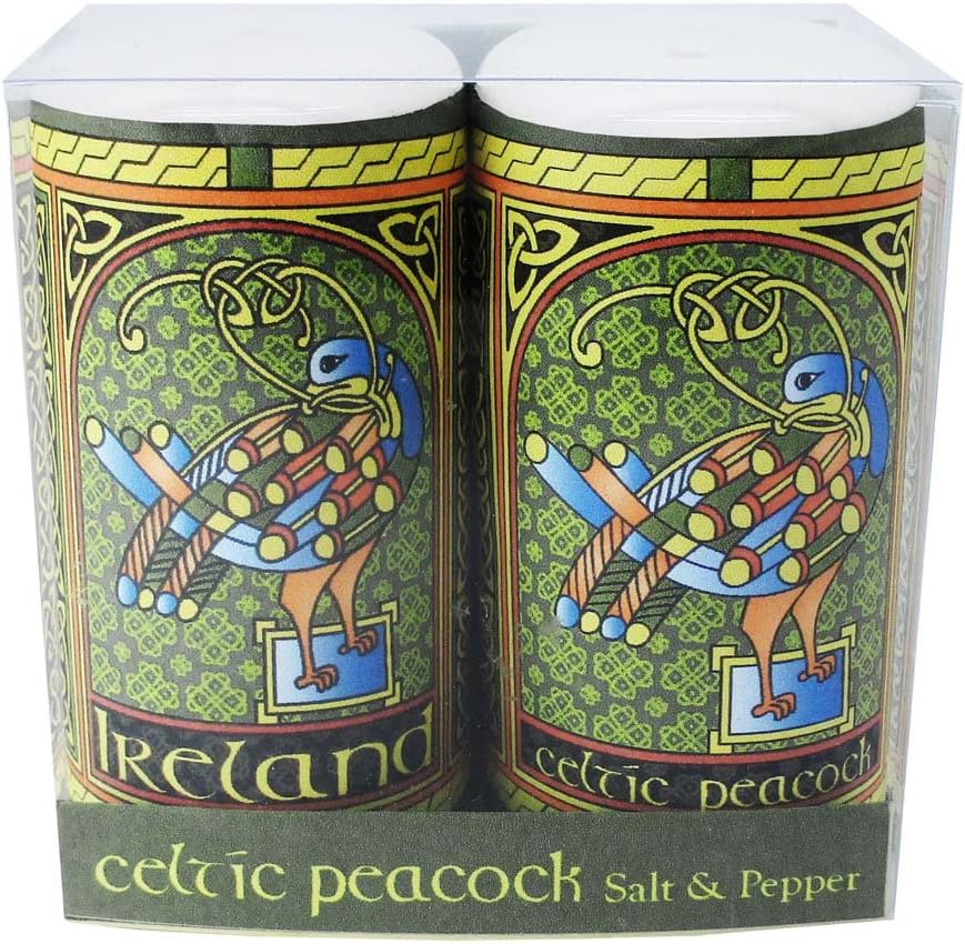Celtic Peacock Ireland Salt & Pepper Shaker With A Coloured Trinity Irish Design