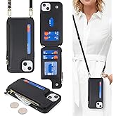 Cavor for iPhone 15 Wallet Case with Card Holder for Women,for iPhone 15 Case with Strap,Crossbody Lanyard and Wristlet Zipper Pocket Phone Cover-Black