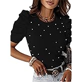 Remidoo Women Pearl Top Puff Sleeve Tops Elegant Short Sleeve T Shirt Crewneck Fitted Rib Knit Tee