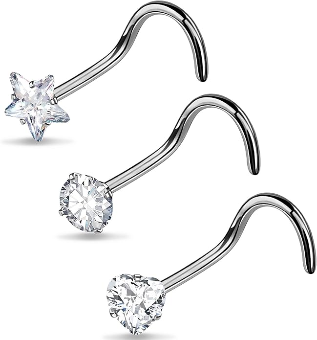 OUFER Solid Titanium Nose Stud Screw Pack 3pcs 20G Nose Rings 3mm Clear