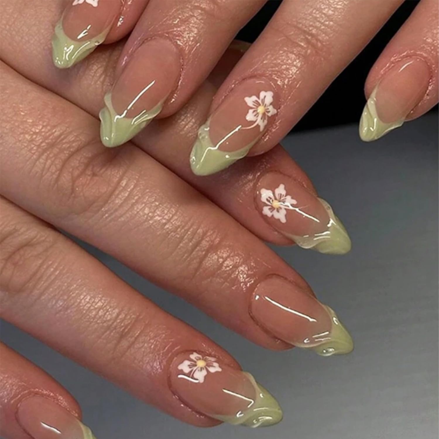 24Pcs Spring Press on Nails Almond Medium French Tip Fake Nails Cute Flowers Designs 3D Green Nail Tips Almond Shaped Acrylic Nails Full Cover Reusable Stick on Nails False Nails for Women Girls