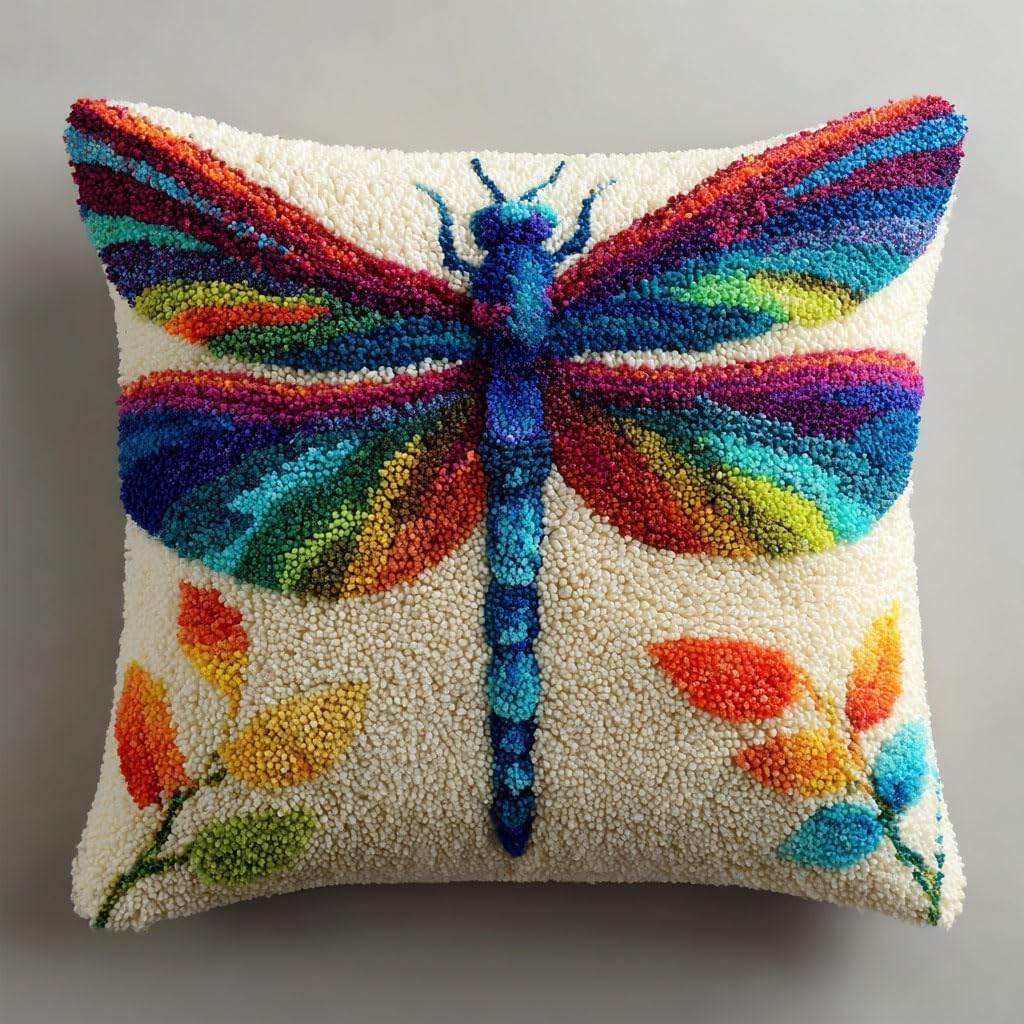 ZUHK Cute Pattern Latch Hook Pillow Kit 43x43cm - Needlework Embroidery for Begineer and Adults, fit for Sofa Cushion Decoration (Dragonfly B)