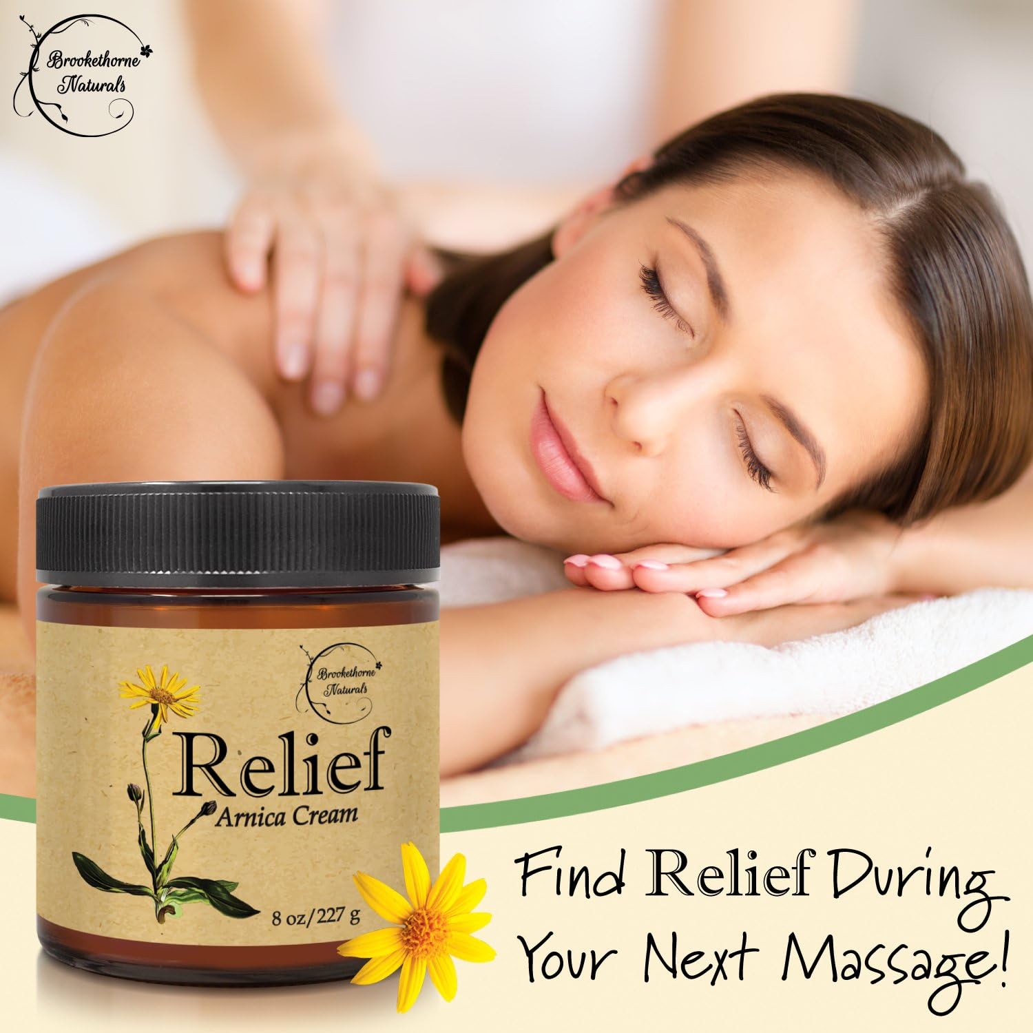 Relief Arnica Cream – Enriched with Lemongrass, Eucalyptus & Rosemary Essential Oils – All Natural Massage Lotion for Sore Muscles & Stiffness. Perfect for Massage Therapy by Brookethorne Naturals: Health & Personal Care