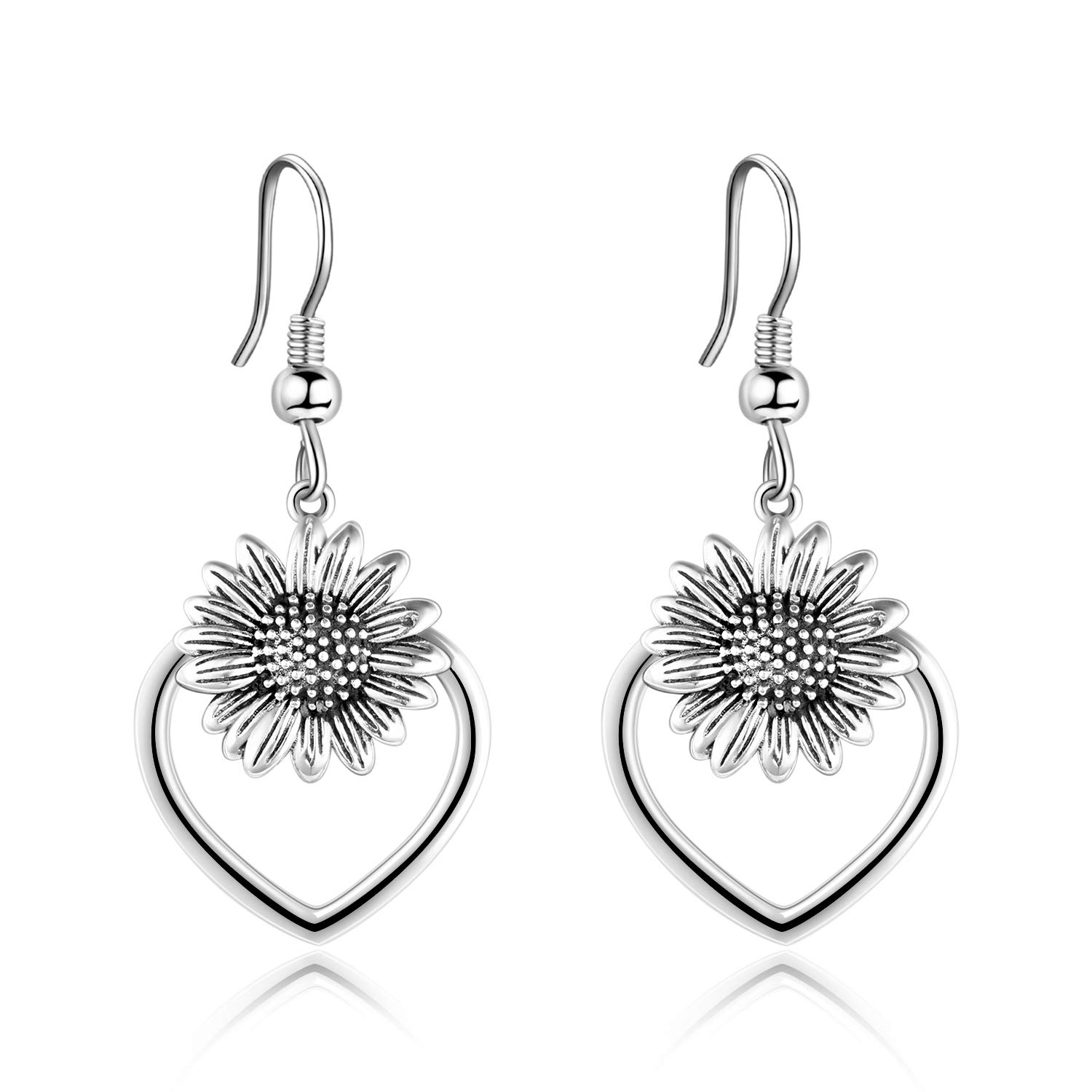 VONALA 925 Sterling Silver Heart Sunflower Dangle Earrings Oxidizied Earrings for Women Girls (Oxidizied silver)