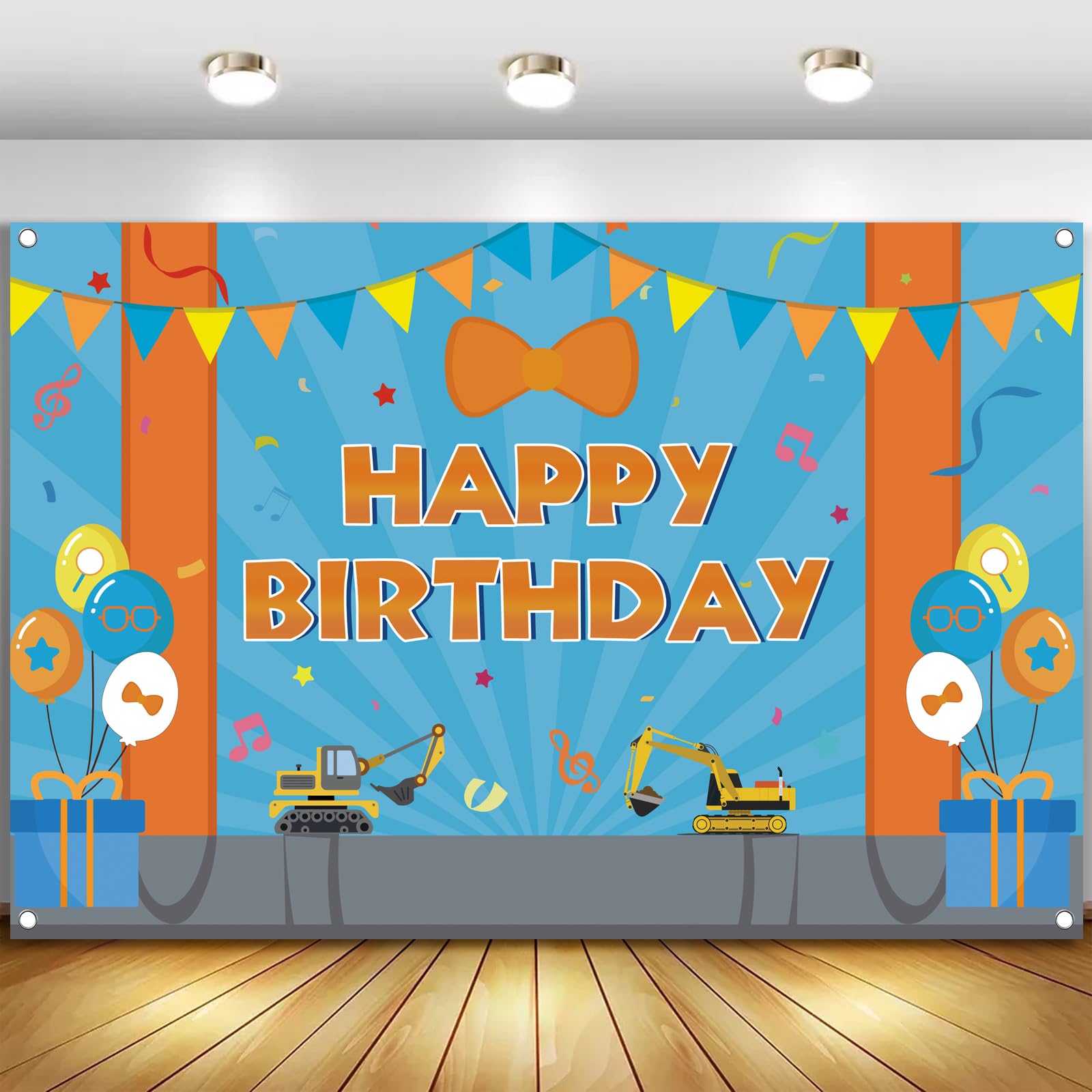 Photo 1 of Cartoon Orange Blue Theme Happy Birthday Photography Backdrop, 5x3ft Background Photo Booth Banner Props for Kids Girls Boys Birthday Baby Shower Holiday Party Decorations Supplies
