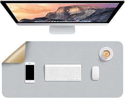 Hsurbtra Desk Pad 80x40 cm Dual Side PU Leather Large Mouse Pad Gold Grey