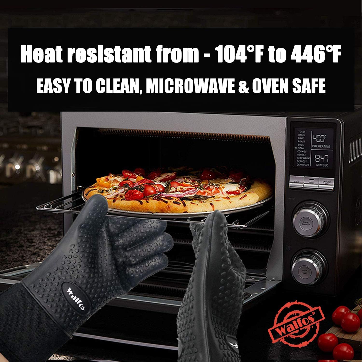 Walfos Grilling Gloves - Heat Resistant Silicone Oven Mitt, Premium Non-Slip Silicone Internal Protective Cotton Layer, Waterproof, Great for Grilling, Kitchen and Cooking (Black): Kitchen & Dining