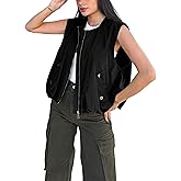 Bgylu Women's Casual Zip Up Cargo Vest Cropped Sleeveless Ruched Hem Blazer Jackets Tops with Pockets
