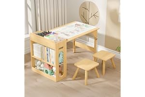 cidludto Kids Art Table and 2 Chairs Set, Kids Craft Table with Roll Paper & Storage, Height Adjustable Wooden Table Set for Toddlers, Activity Desk for Children Painting, Reading, Learning
