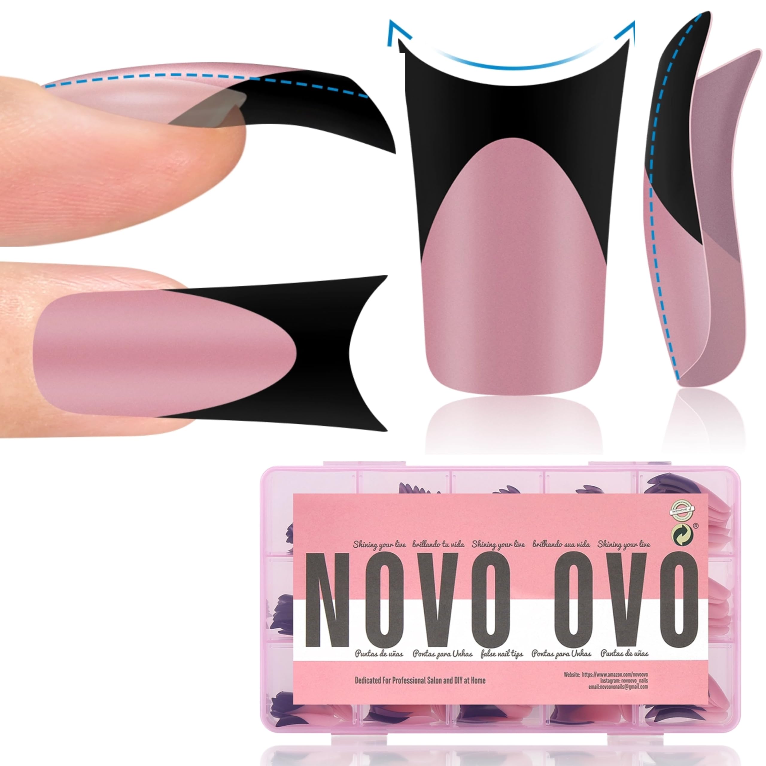 NOVO OVO Halloween Black French Tip Duck Feet Nail Tips Full Cover for Press on Acrylic with Moon Curve, Thick Medium Pre-Etched Matte Flare Wide Soft Gel Fake False Nail Extension x 15 Sizes 150 pcs — image 1