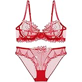 Guoeappa Women's Sexy Soft Lace Lingerie Set See Through Underwear Floral Lace Underwire Sheer Bra and Panty Set(Bright Red,32C)