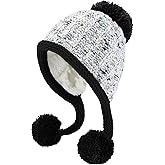 Women Winter Peruvian Cover Ears Beanie Hat Ear Flaps Sherpa Ski Snow Hats Knit Fleece Lined 3 Pom Pom
