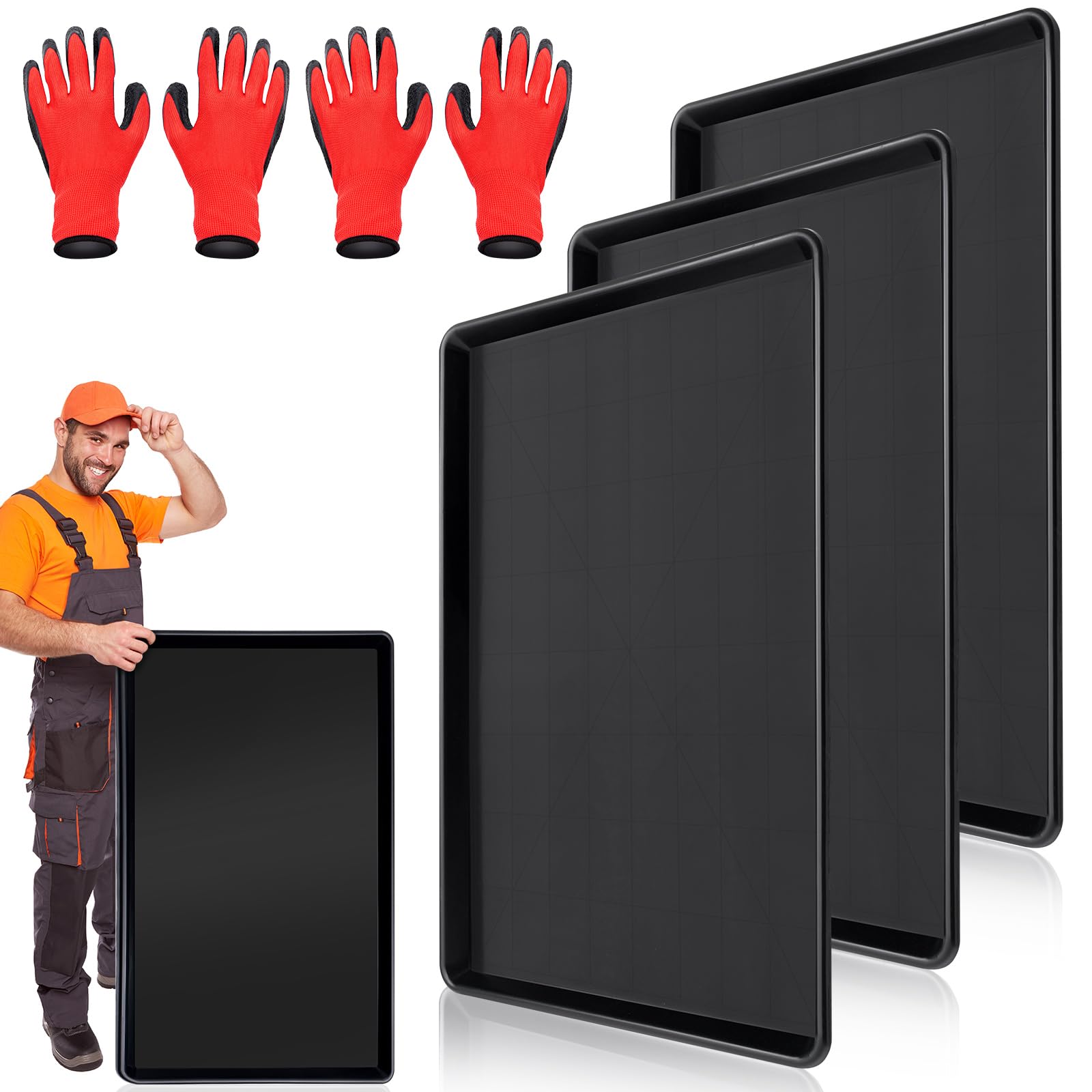 Photo 1 of 3 Pcs Extra Large Oil Drip Pan – 35.4 x 24 x 1.5 Inch, Auto Oil Change Drain Tray, Heavy Duty Plastic Drip Tray for Cars, Trucks, Washing Machines & More + Oil Spill Catcher with 2 Pairs of Gloves