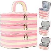 Apxouans Three Layer Makeup Bag for Women Fashion Stripes Cosmetic Bag Preppy Style Travel Water-Resistant Toiletry Bag for Storage Toiletries Cosmetics Sets for Women Teen Girls Pink