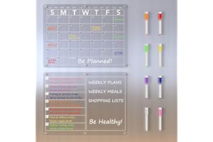 Neatsure Acrylic Magnetic Dry Erase Board Calendar for Fridge, Clear Monthly and Weekly Meal Planner Whiteboard Refrigerator, Menu Board for Kitchen, w/ 8 Colors Markers, 15"x11"