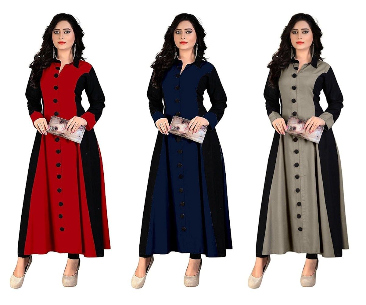 pramukh fashion women's crape kurtis (baby red and blue,grey off)_free size kurti material)