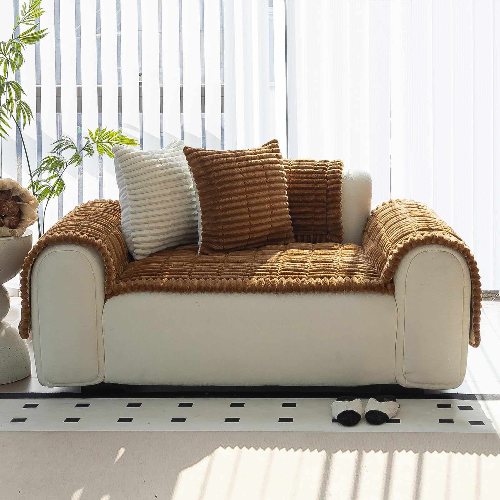 Photo 1 of MDSASFD Sofa Couch Cover, Sofa Covers for Dogs Washable, Non-Slip Striped Sofa Slipcovers for Sectional Sofa, Sofa Cover Furniture Protector for L Shaped(Light Brown, 27.6"x 27.6")