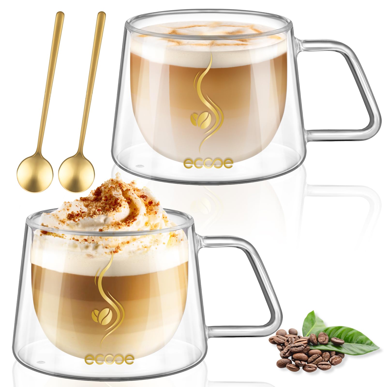 ecooe 350ml Double Walled Coffee Glasses Mugs Cappuccino Latte Macchiato Glasses Cups Set of 2 with Handle and Spoon Borosilicate Heat Resistant Glass Cups for Coffee Tea Milk Juice Ice Cream — image 1