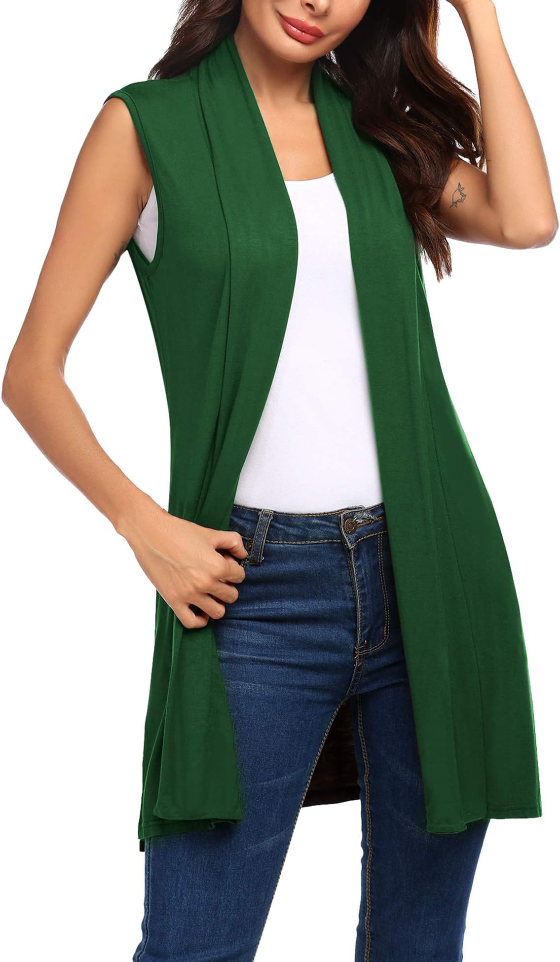 Womens Long Vests Sleeveless Draped Lightweight Open Front Cardigan Layering Vest with Side Pockets