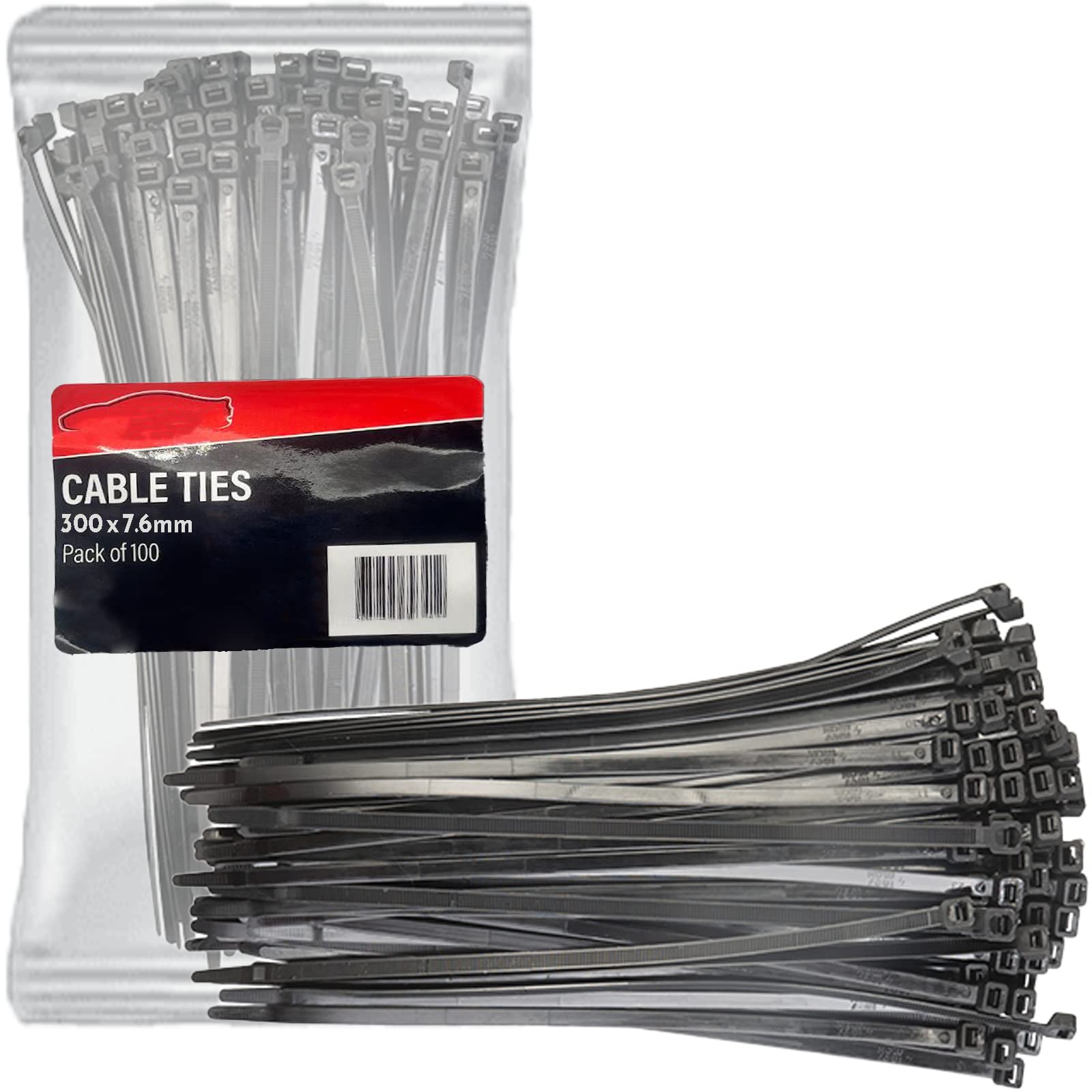Xtremeauto Cable Ties 100 Pack Zip Ties - Heavy Duty Zip Tie Pack, Nylon Cable-Ties, Strong Self-Locking Cable Tie Wire Ties, Perfect for Home, Garden, Office, Mechanics & DIY (300mm x 7.6mm, Black)