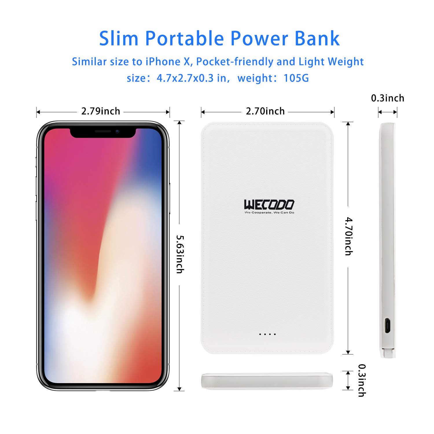 WECODO Slim Portable Charger 5000mAh Power Bank Built-in Cable Pocket External Battery Pack with LED Indicator Compatible iPhone iPad Samsung LG and More