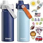 baab 18oz Kids Water Bottle, Insulated Kids Water Bottle with Lockable Spout Lid & Stickers, 18/8 Stainless Steel Vacuum Leakproof Kid Water Cup with Handle for School (Navy Blue+Grey, 2 Pack)