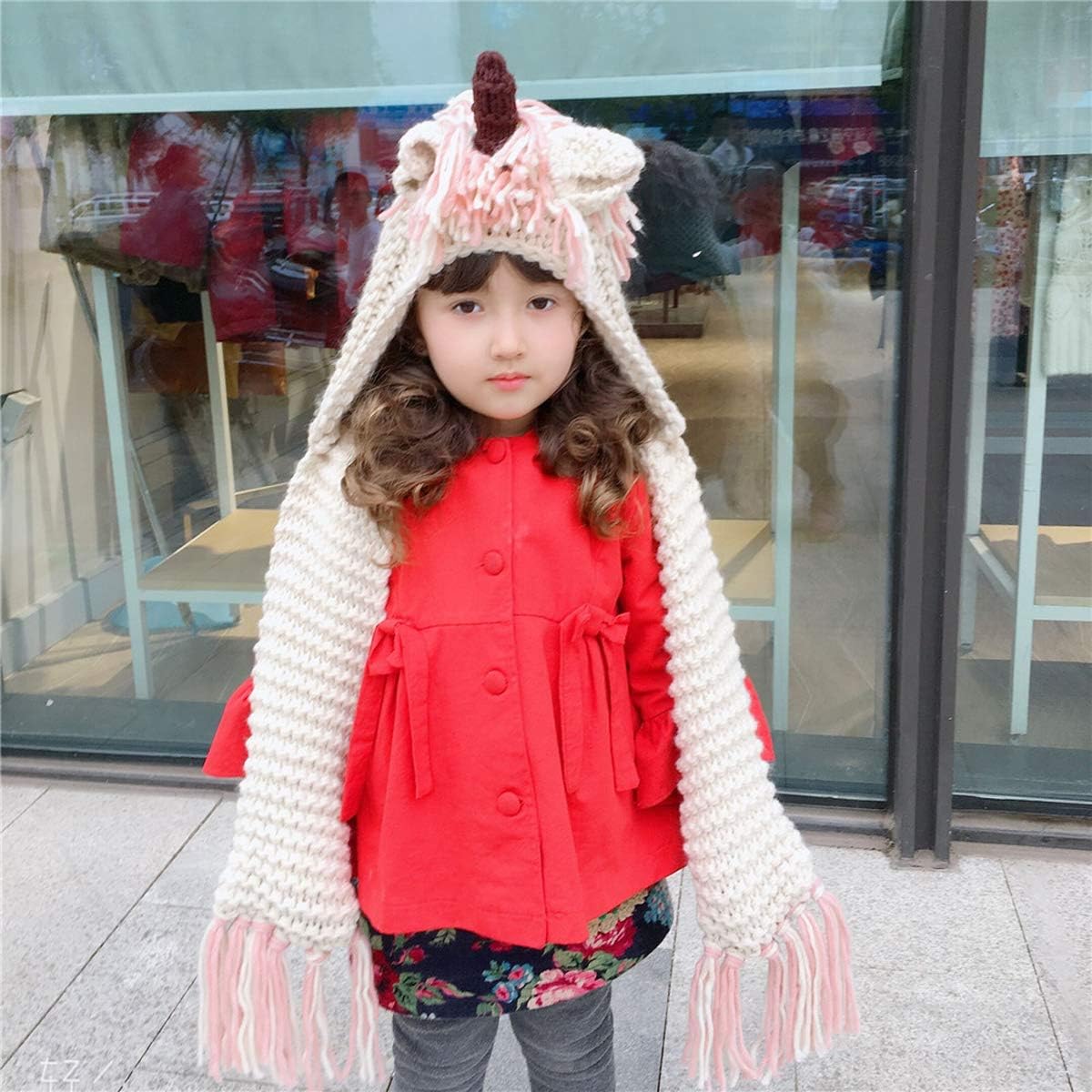 Baby Girls Boys Winter Hat Scarf Unicorn Winter Hat Earflap Hood Scarves Caps Animal Hats Knitted Unicorn Hood Scarf Beanies(Pink Unicorn Kids hat 5-12 Years olds)