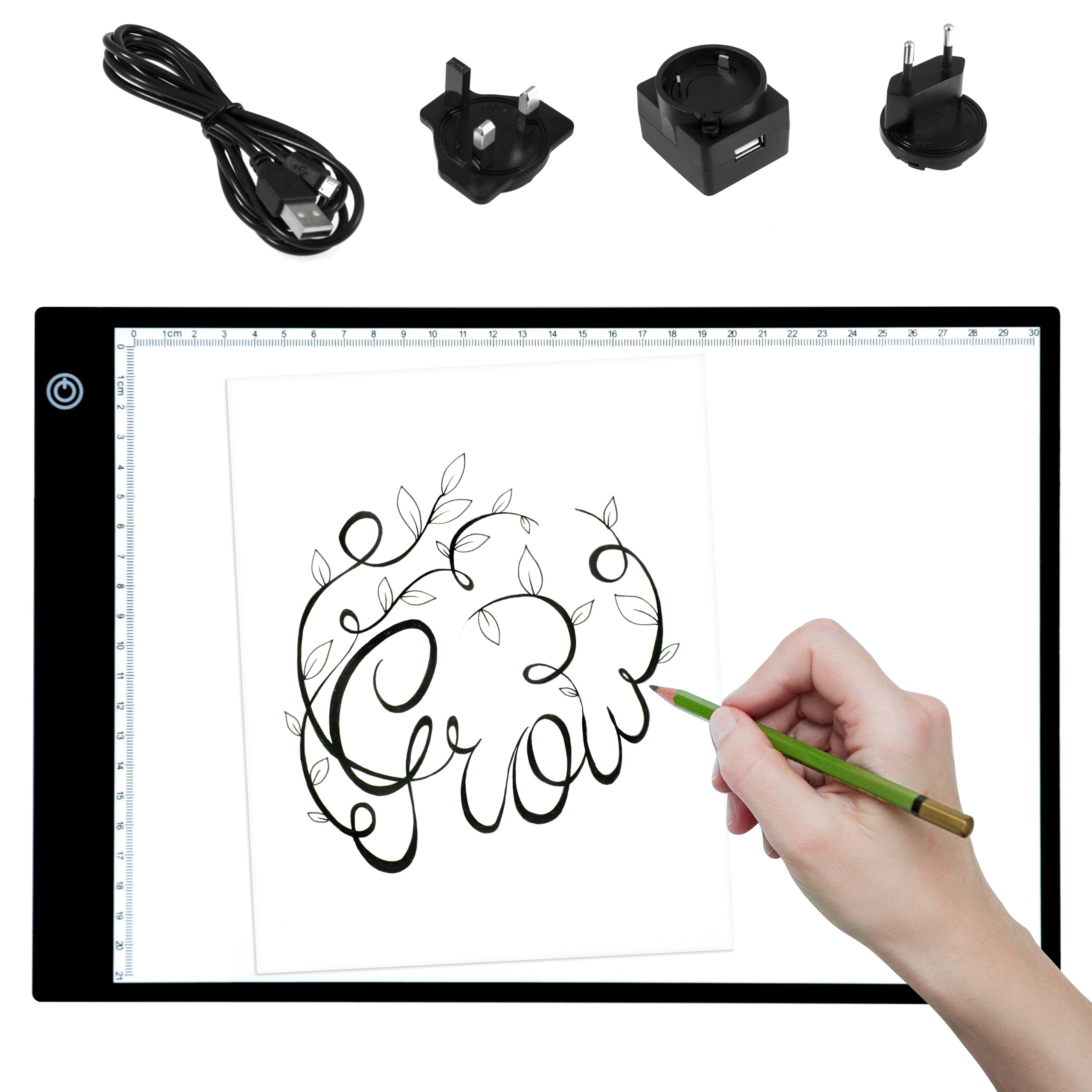 PURElite A4 Ultra-Thin LED Light Box, Daylight Light Pad with 3 Level Dimmer Touch Control, USB or Mains Powered, 1450 Lumen for Tracing Drawing Sewing Craft, Black