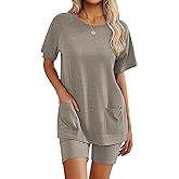 Ekouaer Two Piece Sets for Women Summer Outfits 2026 Lounge Set Crew Neck Tshirts Biker Short Sweatsuit with Pocket