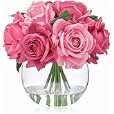 WELL KNOWN Artificial Flowers with Vase, Silk Rose Artificial Flowers Table Centerpieces with Faux Water for Home Decoration Fake Roses Flower Arrangements for Table Decor (Fuchsia)