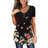 BeadChica Women's Tunic Tops To Wear With Leggings Short Sleeve Shirts Botton Up Casual Ruched Blouses Clothing Floral-XL