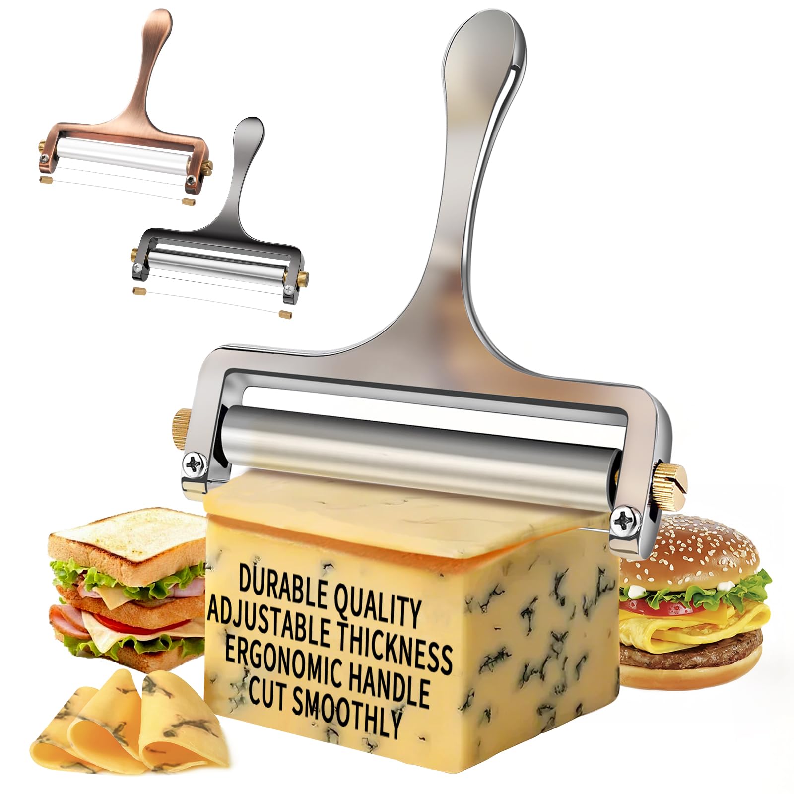 Photo 1 of TOPULORS Wire Cheese Slicer Stainless Steel Handheld Cheese Cutter for Mozzarella, Cheddar, Gruyere - with 1 Extra Wire - Adjustable Thickness Cheese Shaver Cheese Slicers for Block Cheese (Silver)