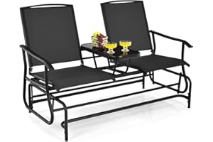S AFSTAR 2-Person Outdoor Glider, Patio Glider Bench Chairs with Center Tempered Glass Table & Breathable Loveseat, Double Swing Glider Chair for Porch Garden Poolside Balcony Lawn (Black)