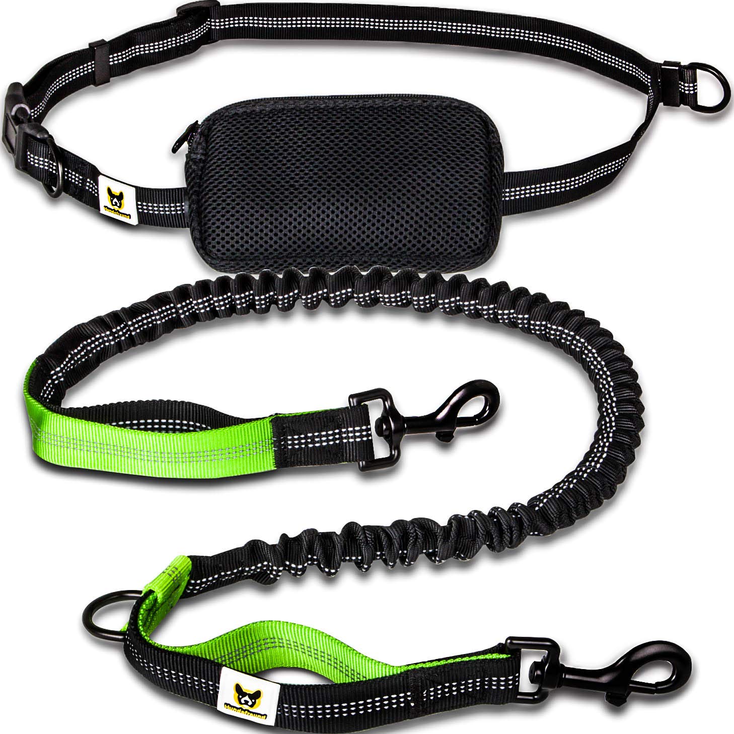 Hands-Free Dog Lead 120 cm - 200 cm (3.9 ft - 6.5 ft) for Running, Jogging and Walking - Reflective and Elastic Dog Leash with Adjustable Waist Belt and Pouch
