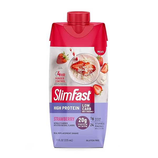 SLIMFAST PROTEIN SHAKE, STRAWBERRY- 20G PROTEIN, MEAL REPLACEMENT SHAKE READY TO DRINK, HIGH PROTEIN WITH LOW CARB AND LOW SUGAR, 24 VITAMINS AND MINERALS, 12 COUNT (PACK OF 1) (PACKAGING MAY VARY)