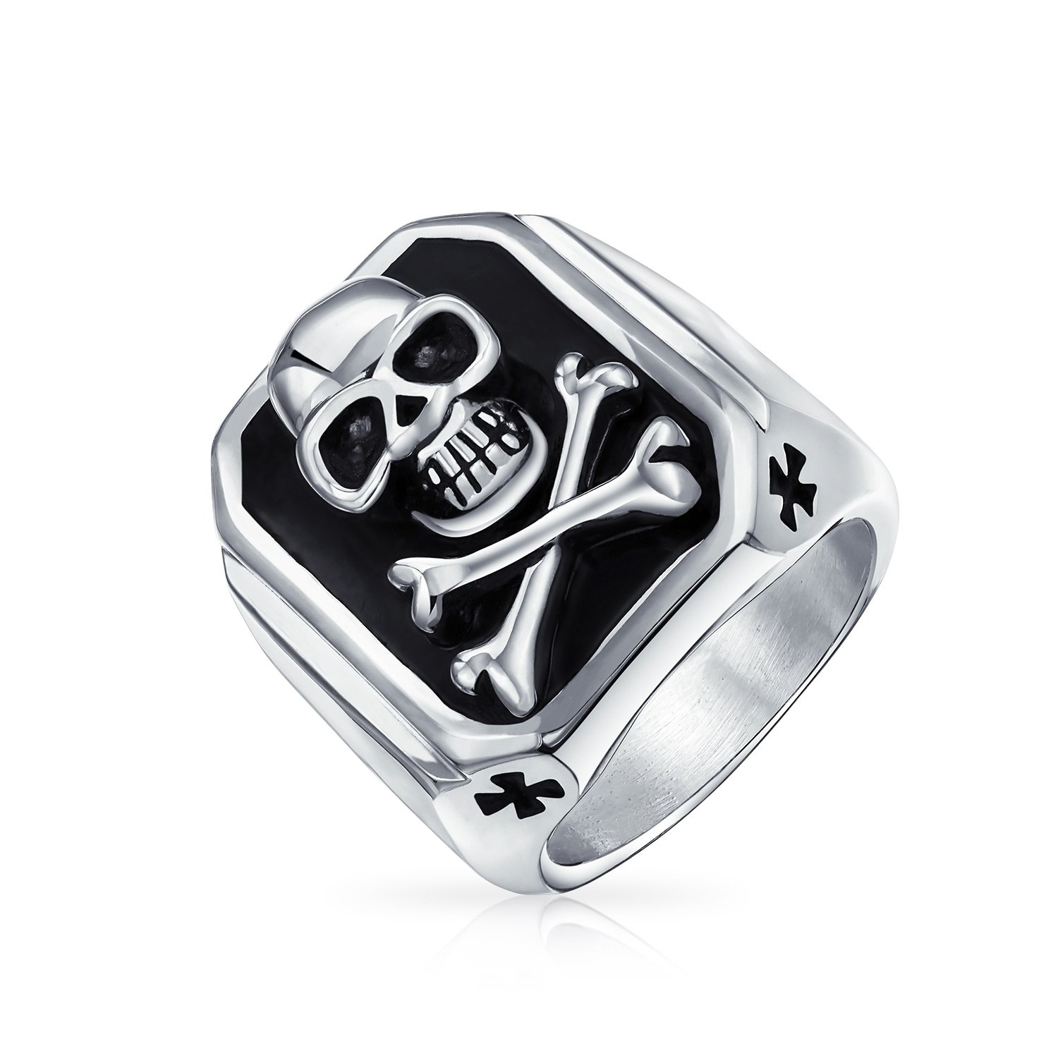 Bling Jewelry Men's Big Black Enamel Caribbean Pirate Skull & Cross Bones Rectangle Signet Ring For Men Teens Silver Tone Stainless Steel