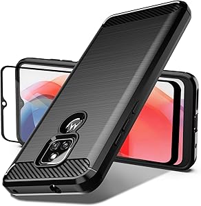 Dretal Moto G Play 2021 Case with Tempered Glass Screen Protector, Shock-Absorption Slim Fit Flexible TPU Case Brushed Texture Soft Rubber Protective Cover for Motorola Moto G Play 2021 (LS-Black)