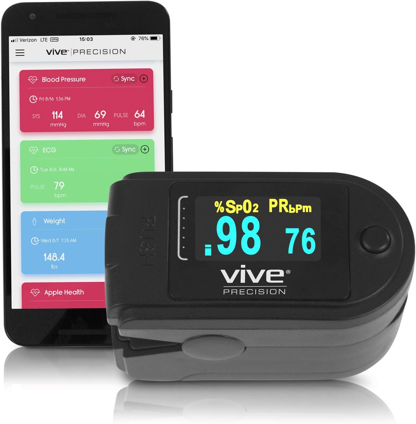 Vive Precision Pulse Oximeter Fingertip with Wireless Capabilities - Oxygen Monitor Used for Sports and Aviation - Heart Rate Sensor Tracker - Home Measurement Monitoring
