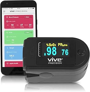 Vive Precision Pulse Oximeter Fingertip with Wireless Capabilities - Oxygen Monitor Used for Sports and Aviation - Heart Rate Sensor Tracker - Home Measurement Monitoring