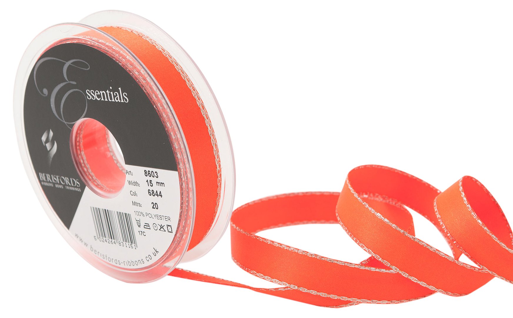 Berisfords Silver Edge Satin, Polyester, Flo Orange, 10.2 x 2.1 x 10.2 cm