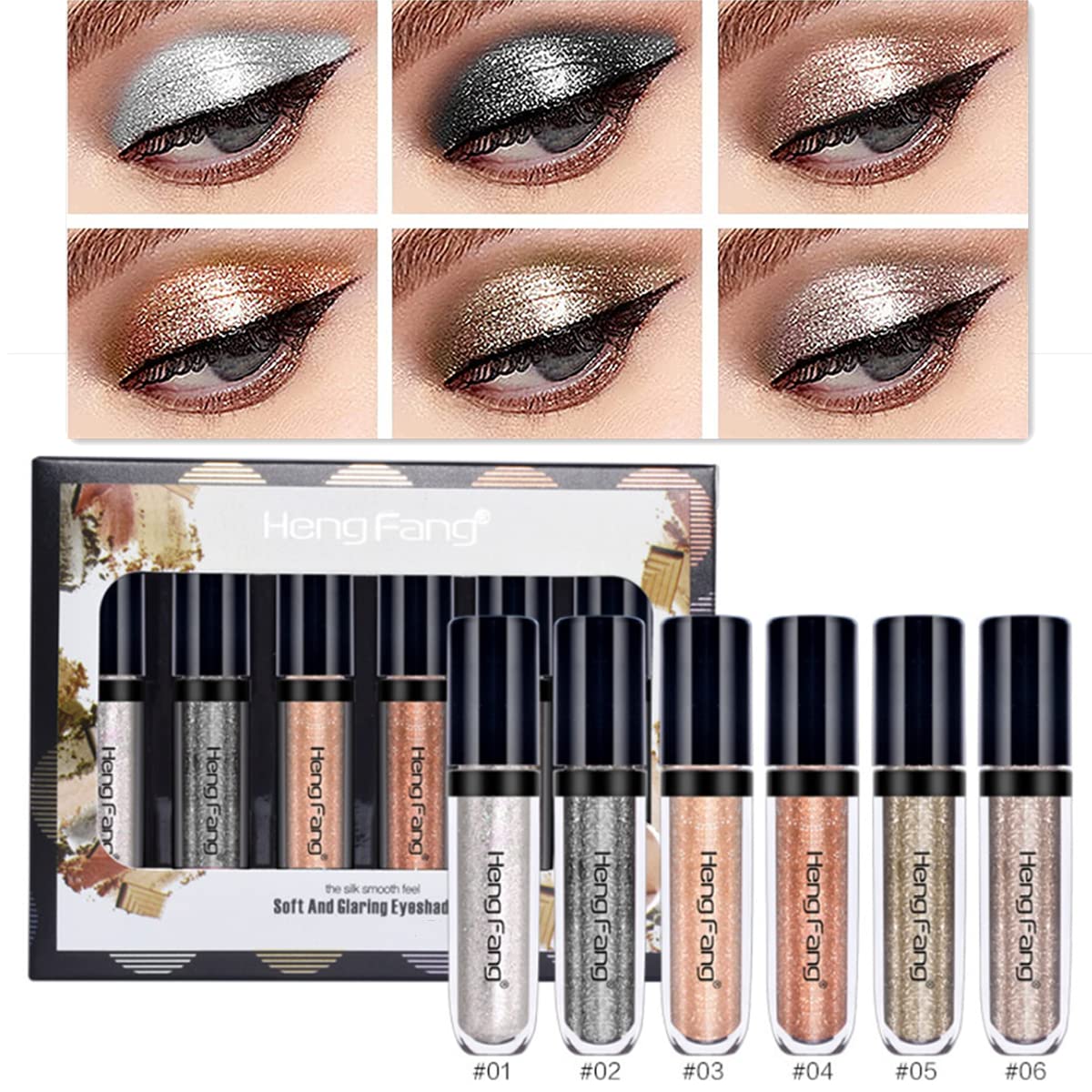 6 Colors Liquid Eyeshadow Set, Metallic Dimond Shimmer Glitter Eyeshadow, Shiny Highly Pigmented Long Lasting Waterproof Sparkling Eye Shadow Eye Makeup Kits (# A)