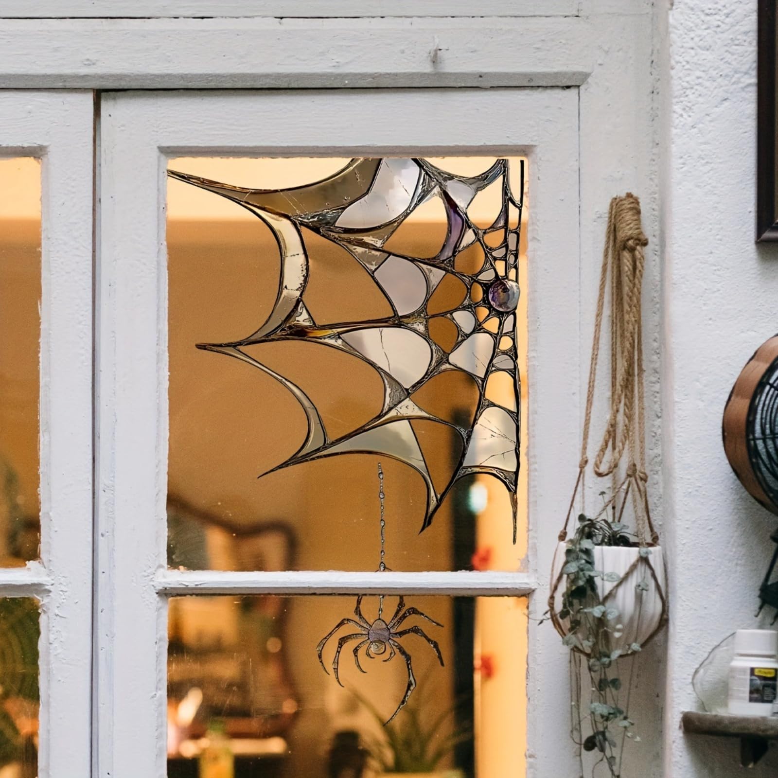 Photo 1 of 1 Sheet Halloween Spider Web Window Clings Stickers Black Spider Window Stickers Double-Sided Spider Web Glass Decals for Indoor Outdoor School Home Office Accessories Halloween Party Decorations