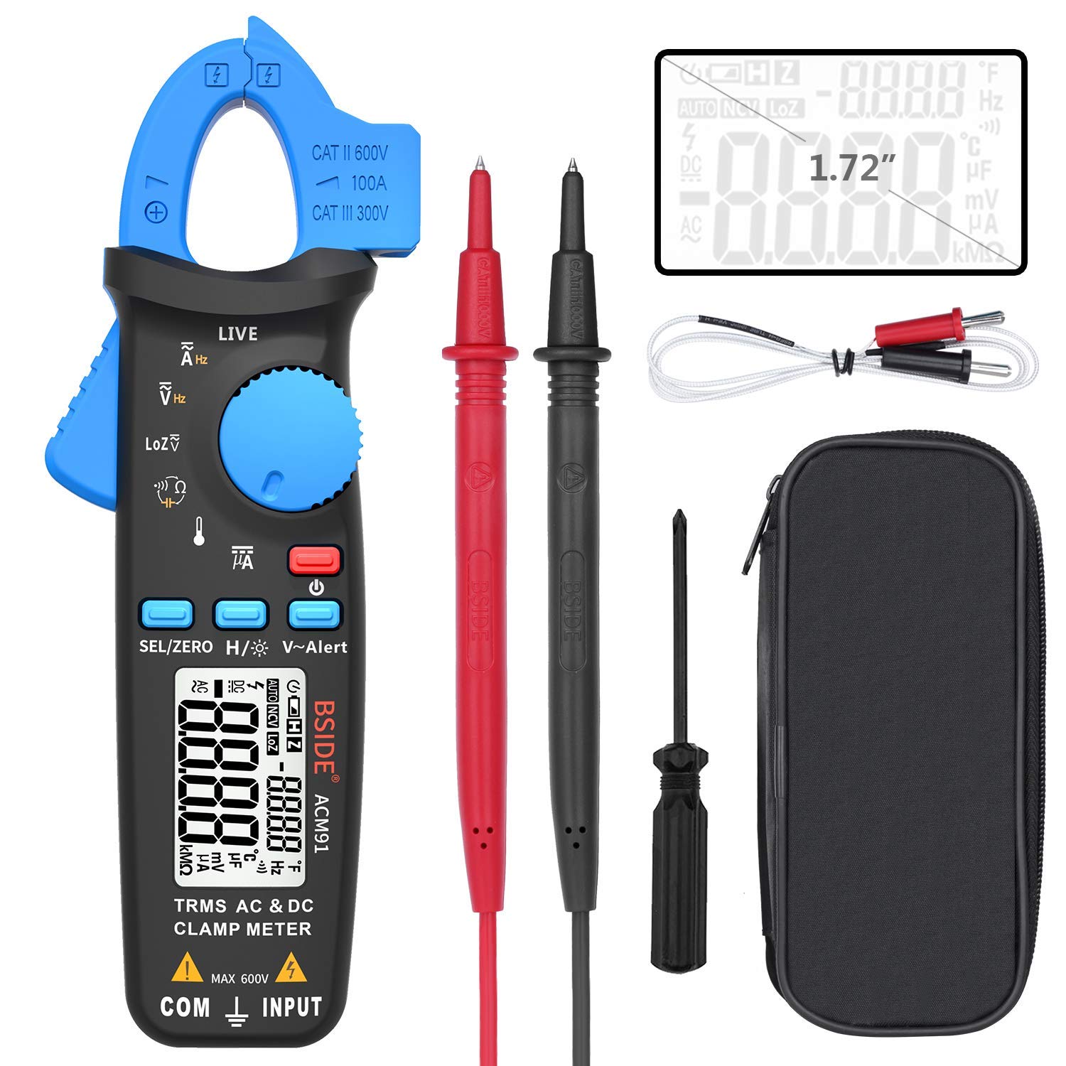 Yangers True RMS 6000 Count Digital LCD Auto Range Multimeter AC/DC Clamp Meter Current Capacitance Tester Non-Contact Voltage Detector for Frequency Temperature Resistance Continuity with Clip Holder