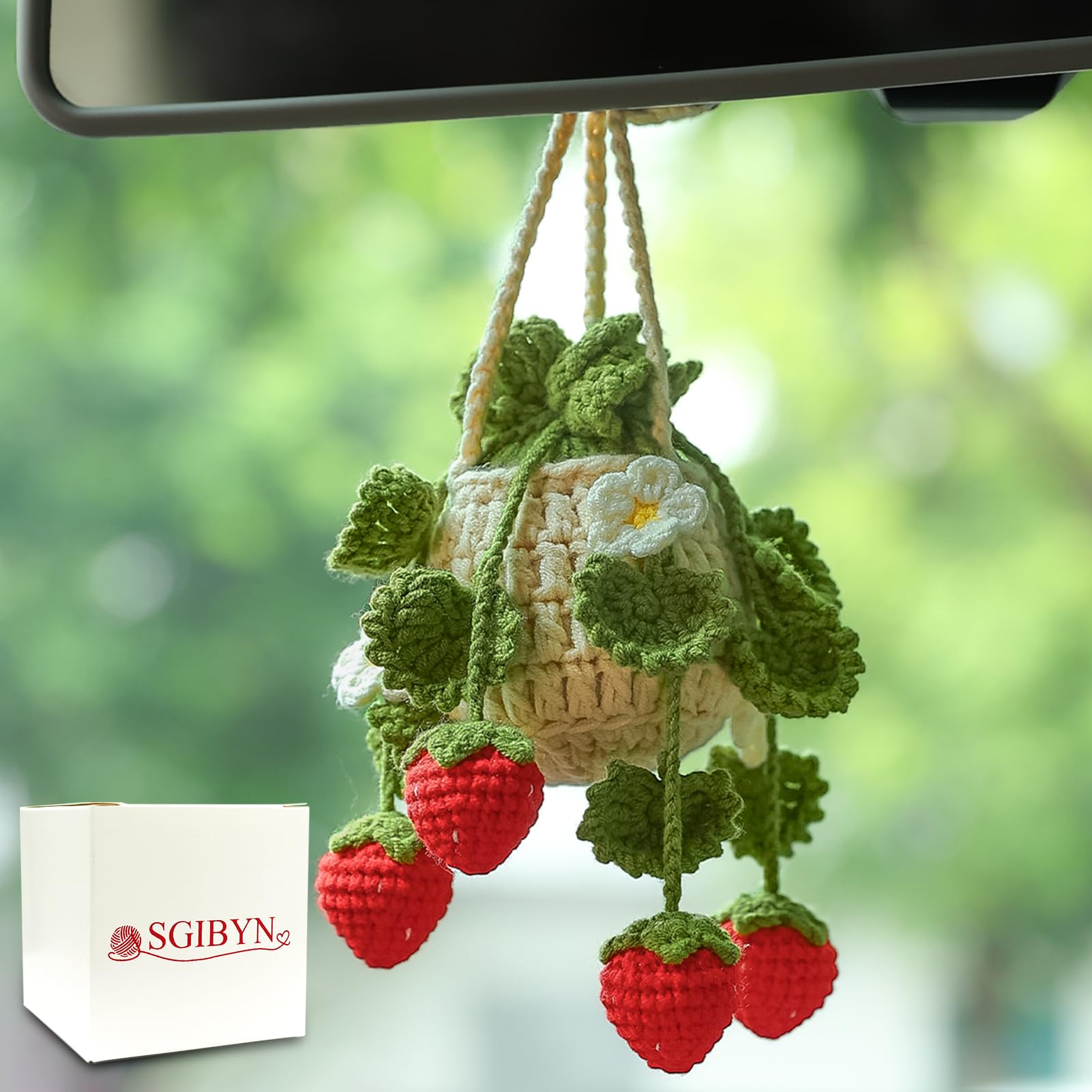 Photo 1 of SGIBYN Crochet Hanging Plant for Car,Car Decorations Interior,Plant Strawberry Aesthetic Car Accessories for Women Interior Cute,Car Ornaments Charms for Rear View Mirror,Boho Car Decoration