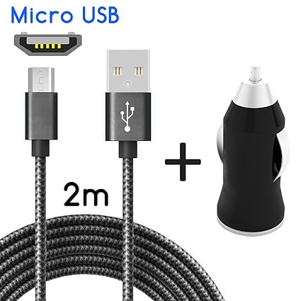 Coverlounge KFZ-Ladegerät mit Micro USB Kabel 2m / 2 Meter Nylon Micro USB KFZ Ladekabel Micro USB Datenkabel kompatibel mit Samsung Galaxy, HTC, Sony, Huawei, Google, Xiaomi und weitere in Schwarz