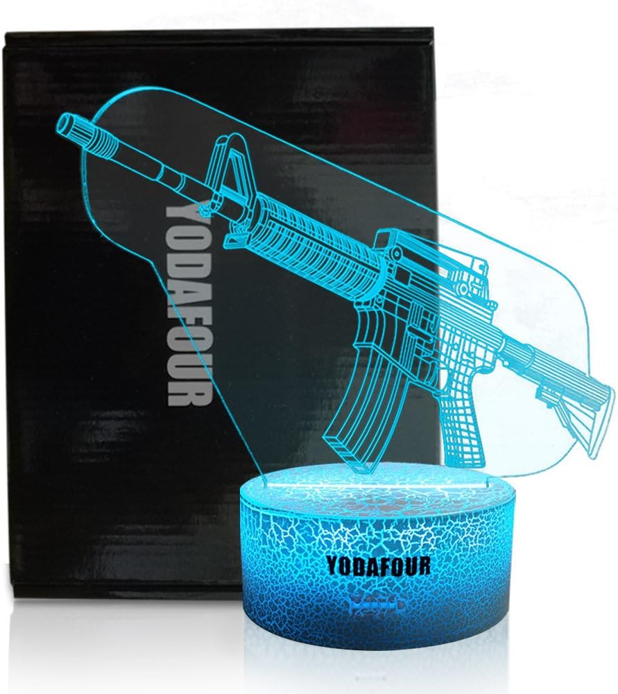 YODAFOUR Toy Gun Night Light 3D Illusion Lamp, Xmas Halloween Birthday Anniversary, Nursery LED Bedside Table Night Lamps Lights for Baby Boys Kids Children Teens Bedroom Decor