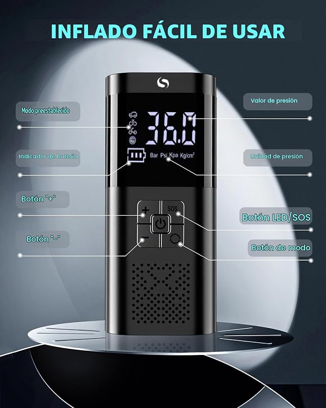 Compressor de ar portátil, insuflador de rodas de carro, compressor de ar mini com manómetro, insuflador elétrico de 150 PSI, acessórios para automóveis, com luz LED para bola de bicicleta de motocicleta — foto 6 de 7