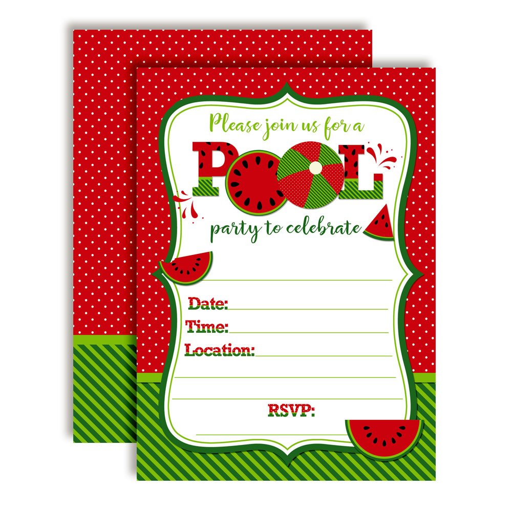 Watermelon Birthday Pool Party Invitations in Red, 20 5"x7" Fill In Cards with Twenty White Envelopes by AmandaCreation